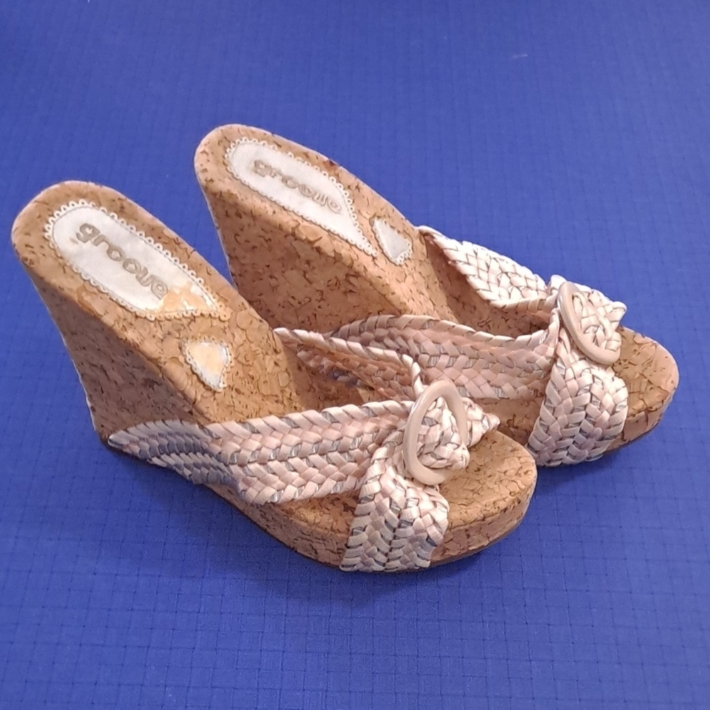 Sexy Groove Women's baby pink and silver braided strap cork Wedge Sandals, sz 7